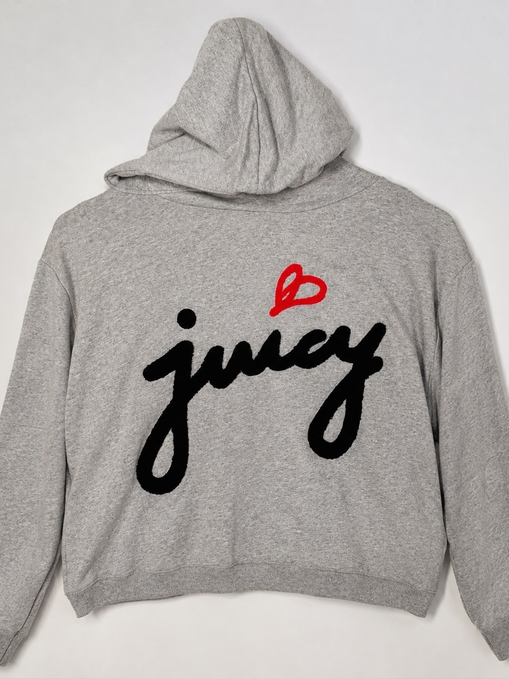 Juicy Couture Gray Hoodie with Black Script and Red Heart